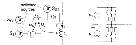 Abbildung eines aktiven Gate Treibers mit inductive feed-forward und schaltbaren Quellen