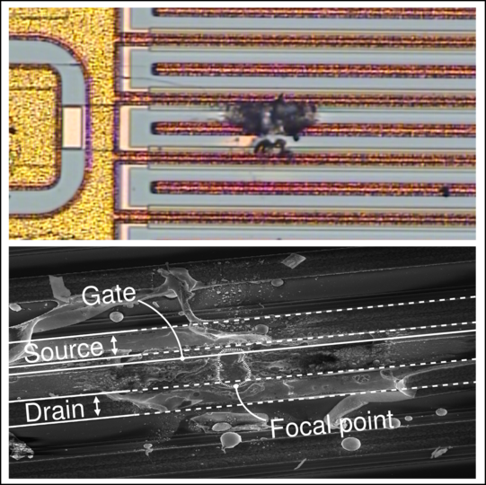 Lichtmikroskopie und Rasterelektronenmikrospopie einer Defektstelle eines GaN HEMTs nach Kurzschluss