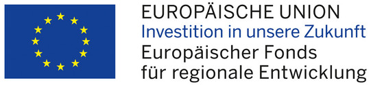 Europäische Flagge mit Text: Europäische Union: Investition in unsere Zukunft, Europäischer Fonds für regionale Entwicklung