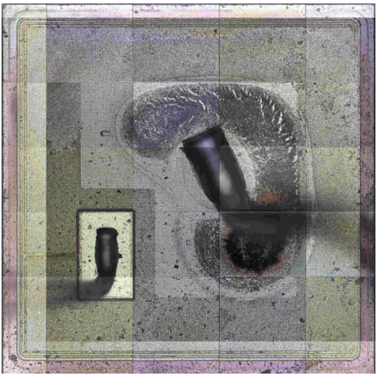 Lichtmikroskopie einer aufgeschmolzenen Metallisierung nach Kurzschluss bei SiC-MOSFETs