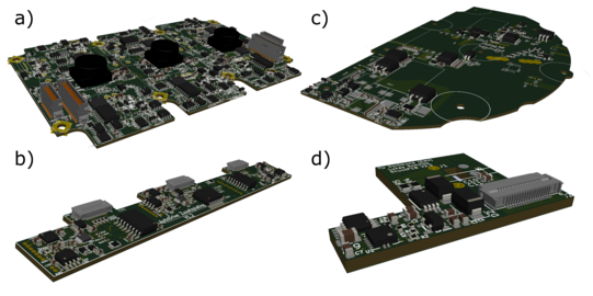3D-Modelle der Platinen: (a) Gate-Treiber mit SiC-MOSFETs, (b) SPI-Verteilung, (c) Redundante 15V Versorgung und (d) Shunt-Auswertung