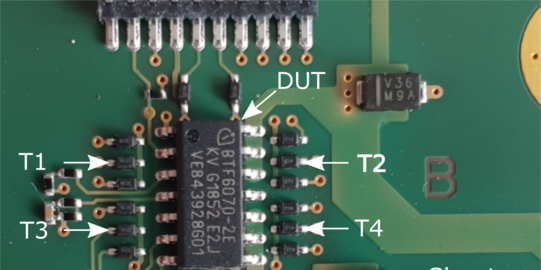Die Abbildung zeigt die On-Board Temperaturmessung diskreter Leistungshalbleiter. Es sind Dioden zur Temperaturmessung um das Bauteil platziert.